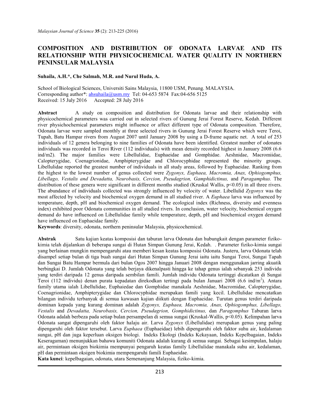 Composition and Distribution of Odonata Larvae and Its Relationship with Physicochemical Water Quality in Northern Peninsular Malaysia