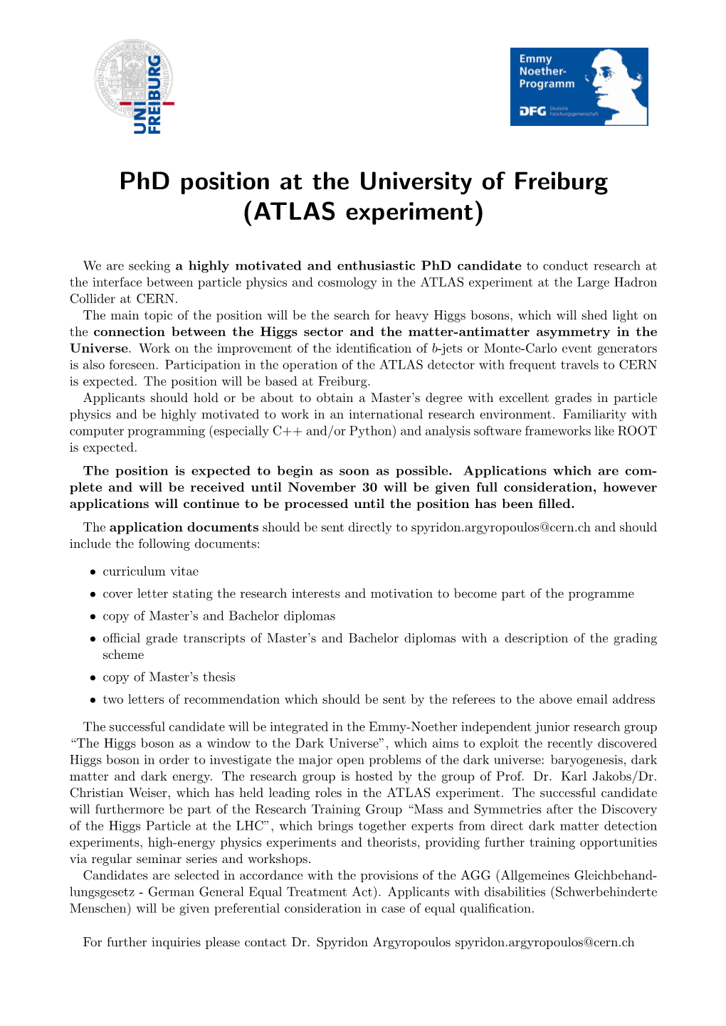 Phd Position at the University of Freiburg (ATLAS Experiment)