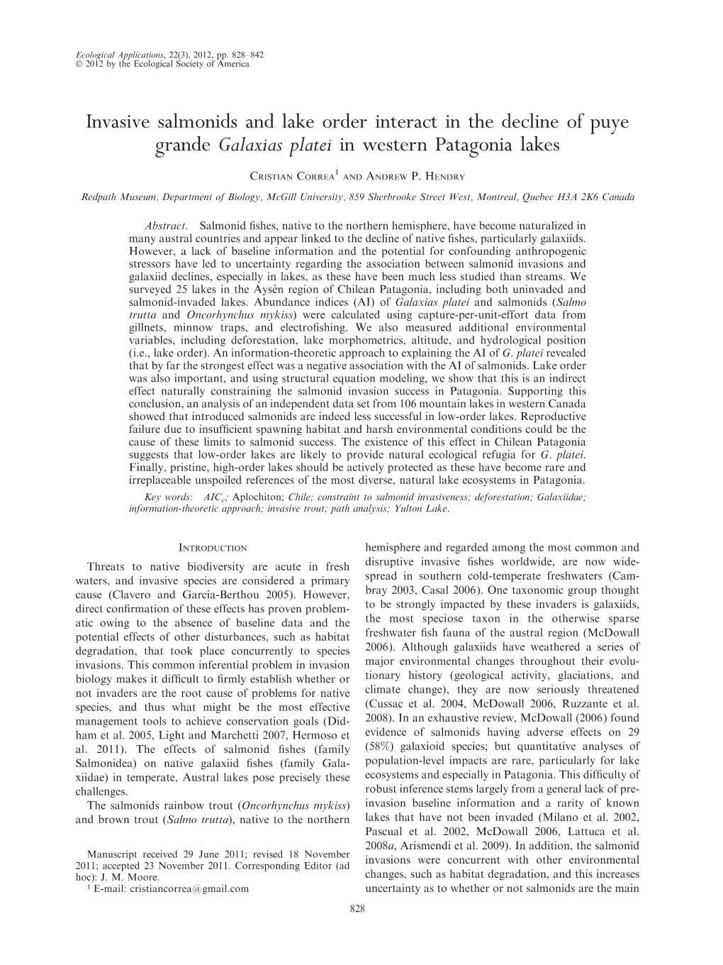 Invasive Salmonids and Lake Order Interact in the Decline of Puye Grande Galaxias Platei in Western Patagonia Lakes