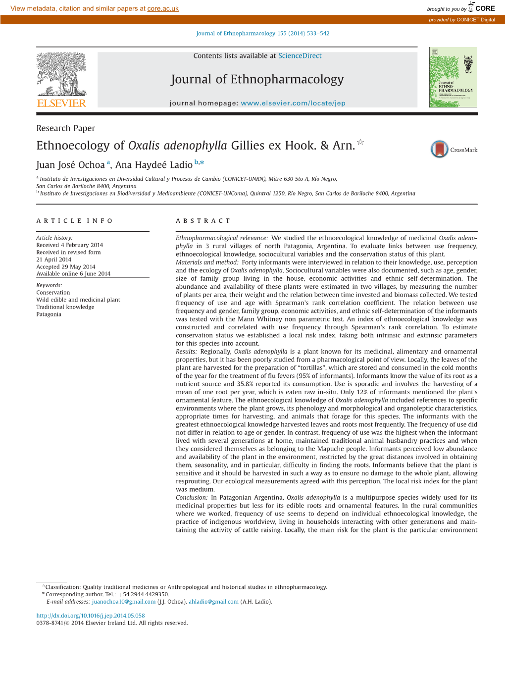 Ethnoecology of Oxalis Adenophylla Gillies Ex Hook. Ampamp