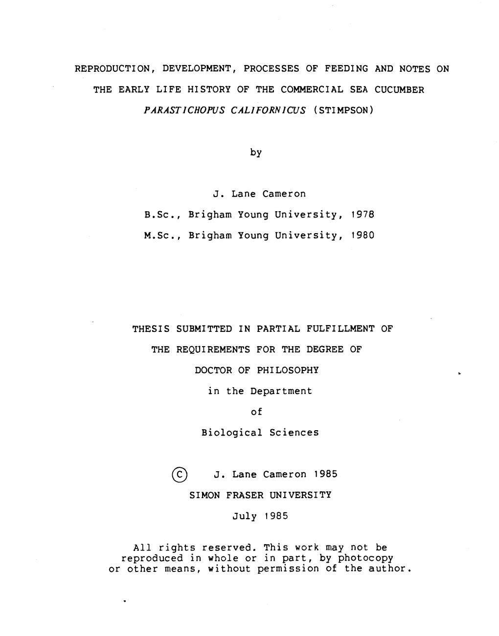 Reproduction, Development, Processes of Feeding and Notes on the Early Life History of the Commercial Sea Cucumber Parastichopus Californicus (Stimpson)