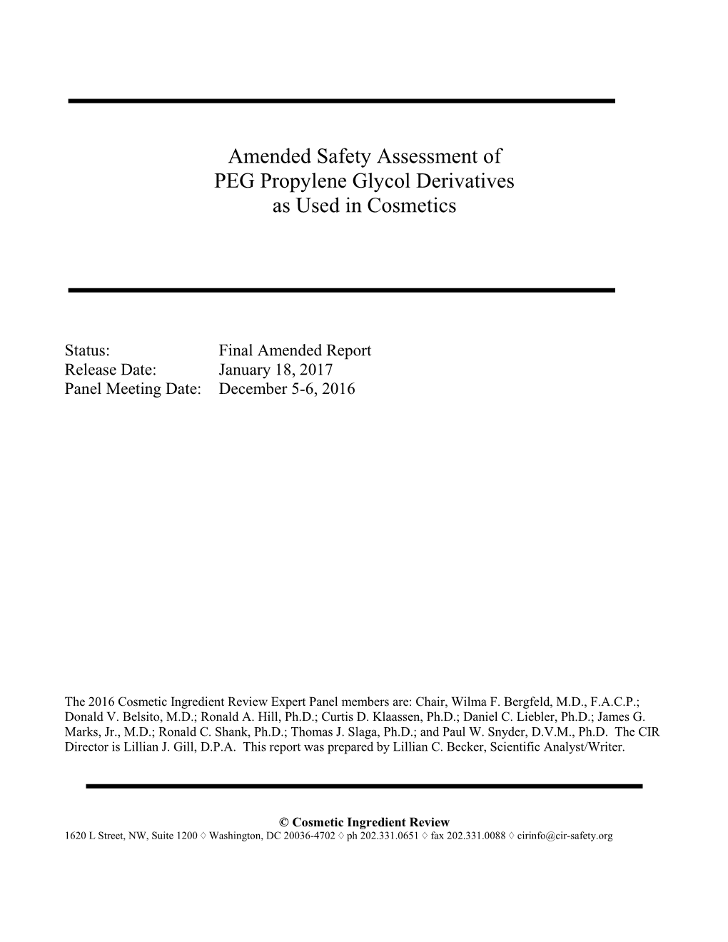 Amended Safety Assessment of PEG Propylene Glycol Derivatives As Used in Cosmetics