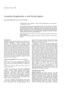 Lactarius Hysginoides, a New Boreal Agaric