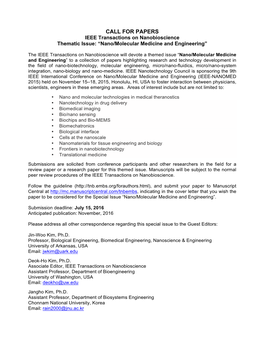 CALL for PAPERS IEEE Transactions on Nanobioscience Thematic Issue: “Nano/Molecular Medicine and Engineering”
