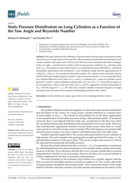 Static Pressure Distribution on Long Cylinders As a Function of the Yaw Angle and Reynolds Number