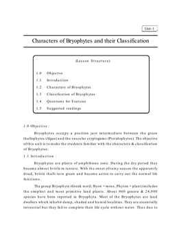 Characters of Bryophytes and Their Classification