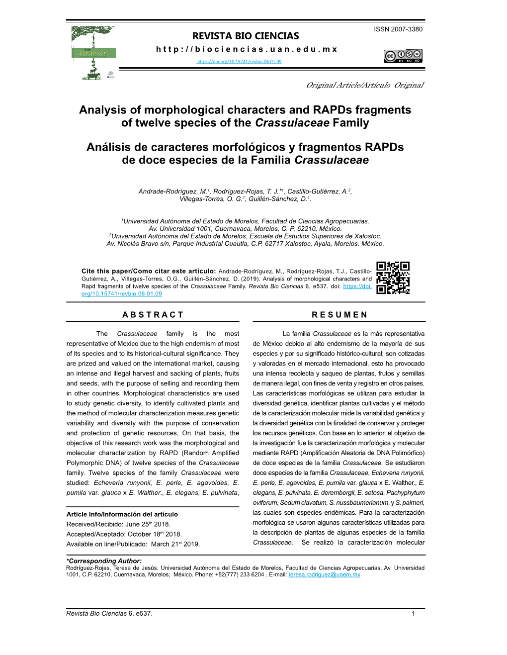 Analysis of Morphological Characters and Rapds Fragments of Twelve Species of the Crassulaceae Family