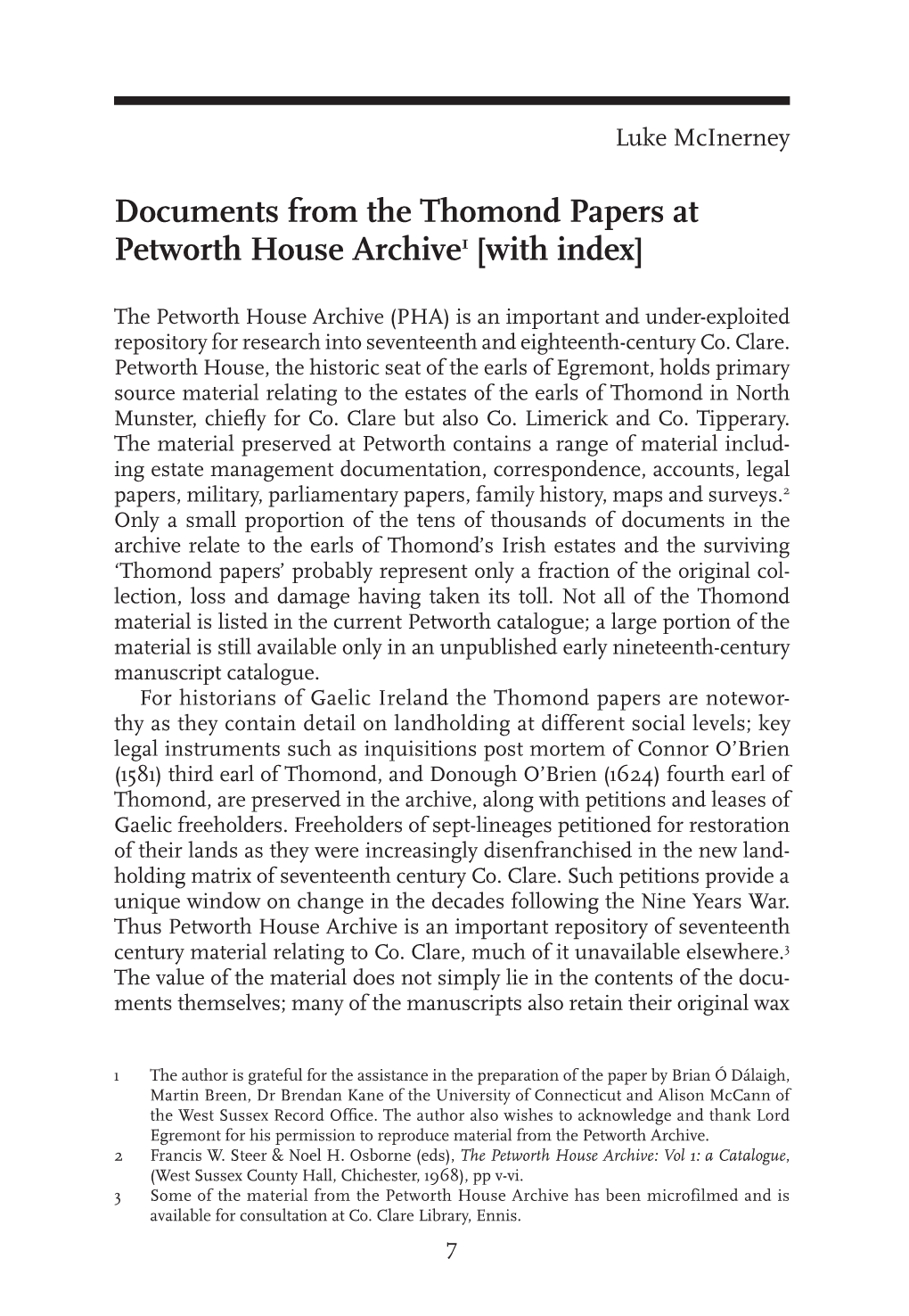 Documents from the Thomond Papers at Petworth House Archive1 [With Index]