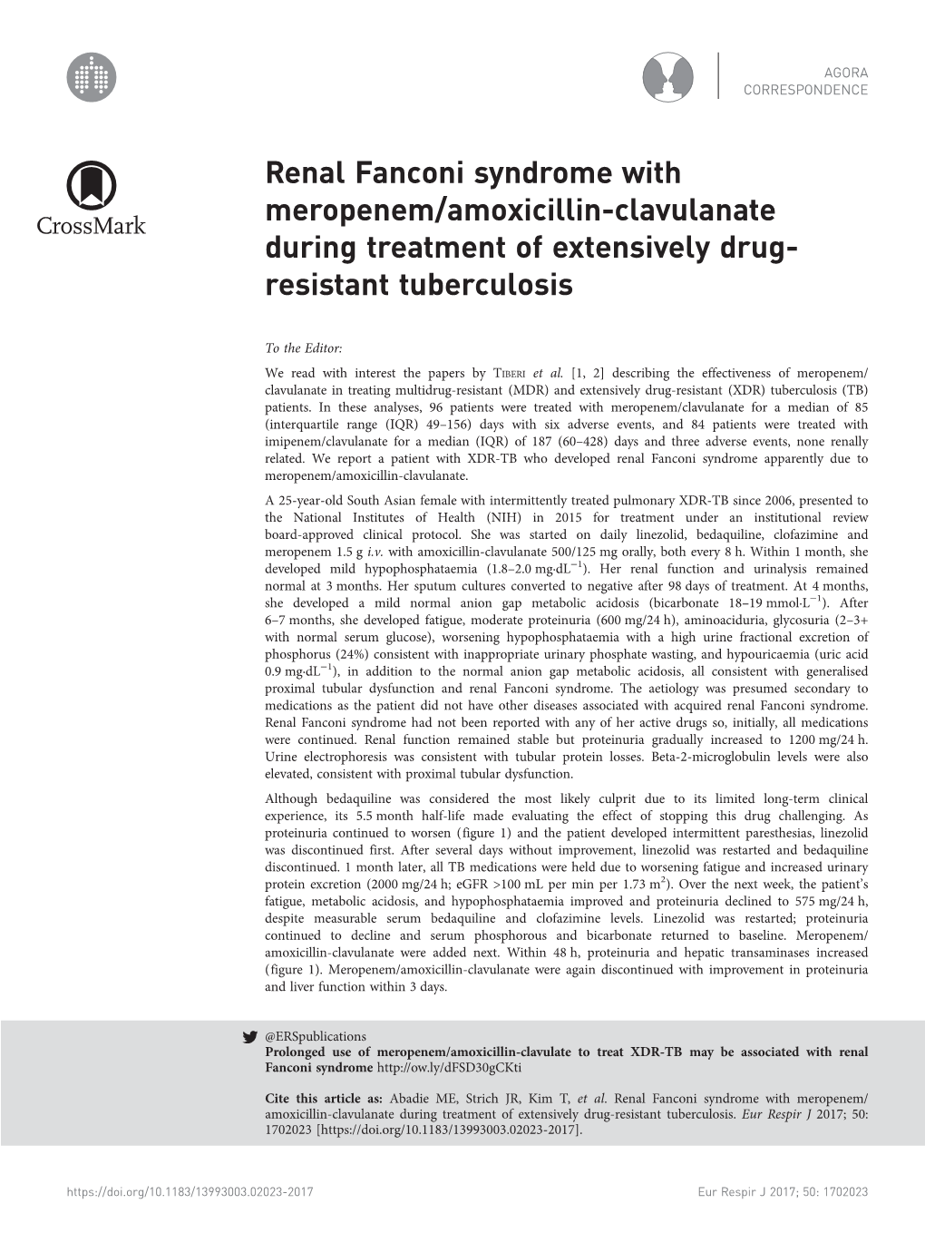 Renal Fanconi Syndrome with Meropenem/Amoxicillin-Clavulanate During Treatment of Extensively Drug- Resistant Tuberculosis