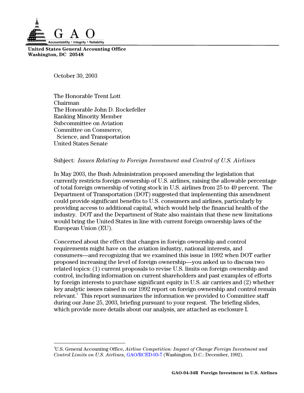 GAO-04-34R Issues Relating to Foreign Investment and Control Of