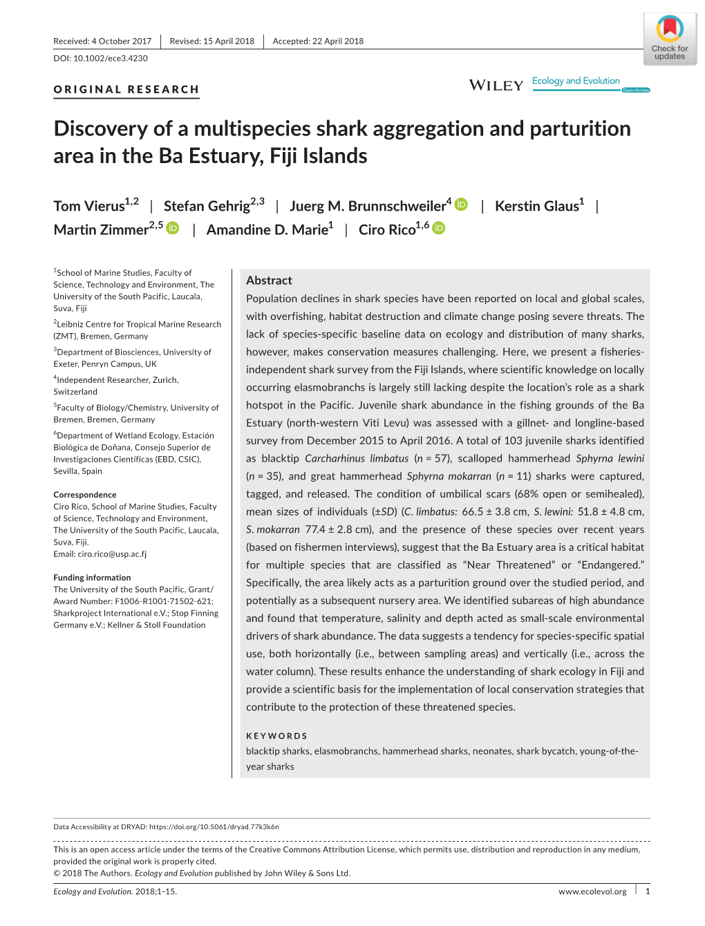 Discovery of a Multispecies Shark Aggregation and Parturition Area in the Ba Estuary, Fiji Islands