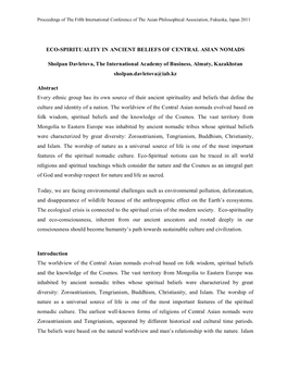 ECO-SPIRITUALITY in ANCIENT BELIEFS of CENTRAL ASIAN NOMADS Sholpan Davletova, the International Academy of Business, Almaty, Ka