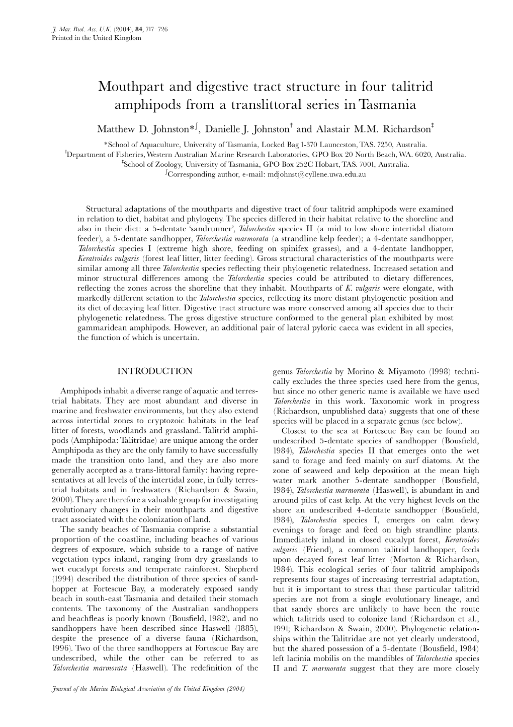 Mouthpart and Digestive Tract Structure in Four Talitrid Amphipods from a Translittoral Series in Tasmania Ð O P Matthew D