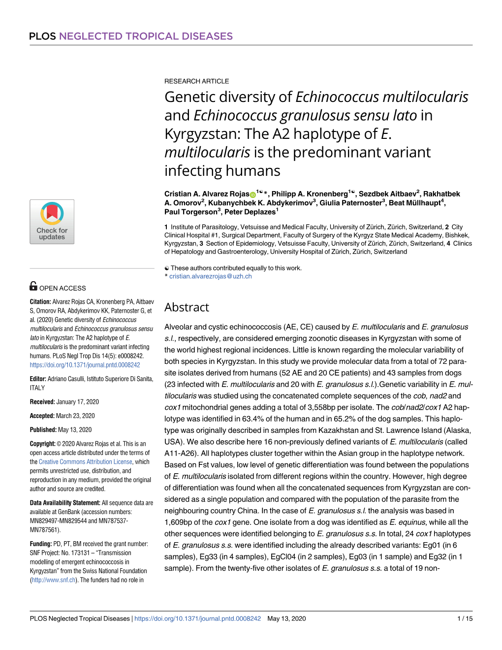 Genetic Diversity of Echinococcus Multilocularis and Echinococcus Granulosus Sensu Lato in Kyrgyzstan: the A2 Haplotype of E