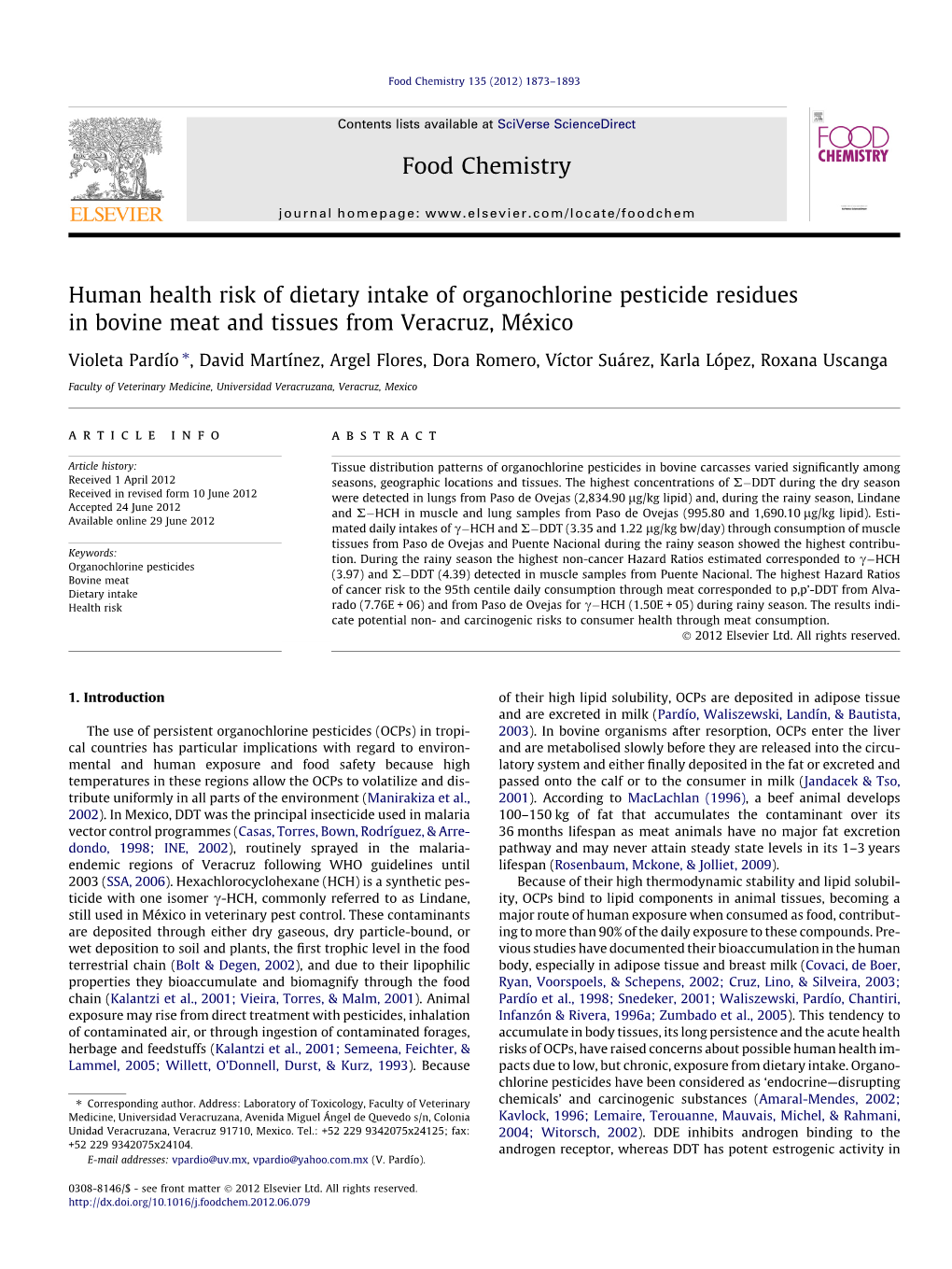 Human Health Risk of Dietary Intake of Organochlorine Pesticide