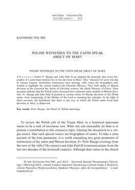 Polish Witnesses to the Faith Speak About of Mary