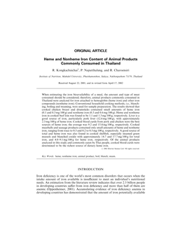 ORIGINAL ARTICLE Heme and Nonheme Iron Content of Animal