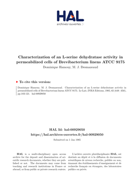 Characterization of an L-Serine Dehydratase Activity in Permeabilized Cells of Brevibacterium Linens ATCC 9175 Dominique Hamouy, M