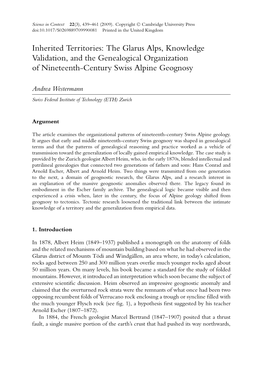 Inherited Territories: the Glarus Alps, Knowledge Validation, and the Genealogical Organization of Nineteenth-Century Swiss Alpine Geognosy