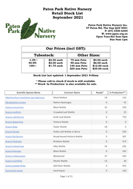 Paten Park Native Nursery Retail Stock List September 2021