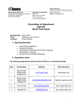 Committee of Adjustment North York, Hearing Agenda, July 8, 2021