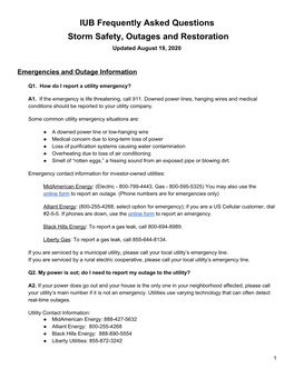 IUB Frequently Asked Questions Storm Safety, Outages and Restoration Updated August 19, 2020 ​