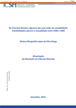 De Francine Benoît E Algumas Das Suas Redes De Sociabilidade: Invisibilidades, Género E Sexualidade Entre 1940 E 1960