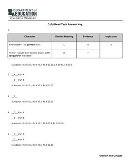 Cold-Read Task Answer Key Grade 9: the Odyssey