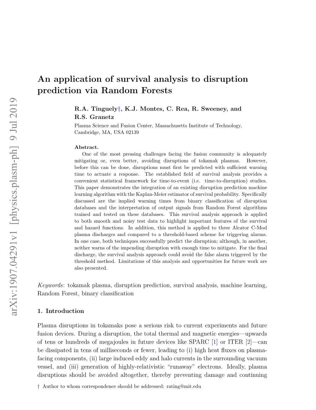 An Application of Survival Analysis to Disruption Prediction Via Random Forests