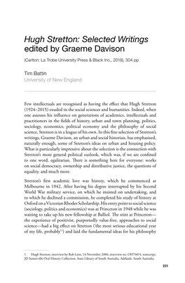 Hugh Stretton: Selected Writings Edited by Graeme Davison (Carlton: La Trobe University Press & Black Inc
