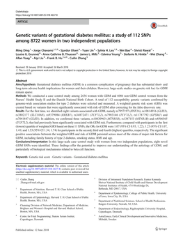 Genetic Variants of Gestational Diabetes Mellitus: a Study of 112 Snps Among 8722 Women in Two Independent Populations