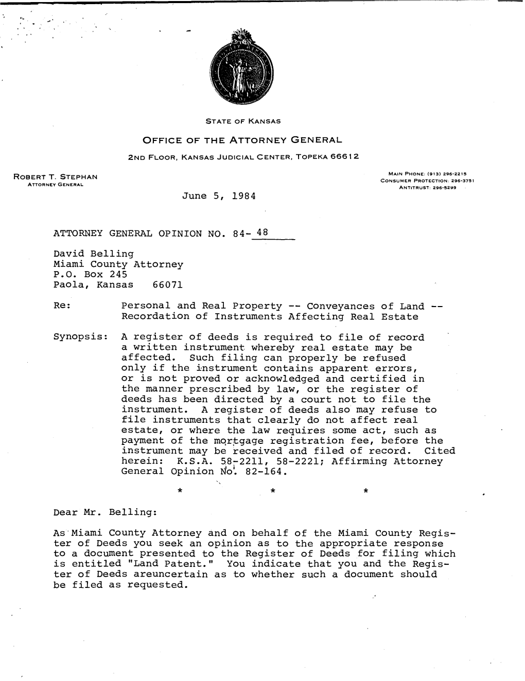 1984-048 | 6/5/1984 | Kansas Attorney General Opinion | Robert T