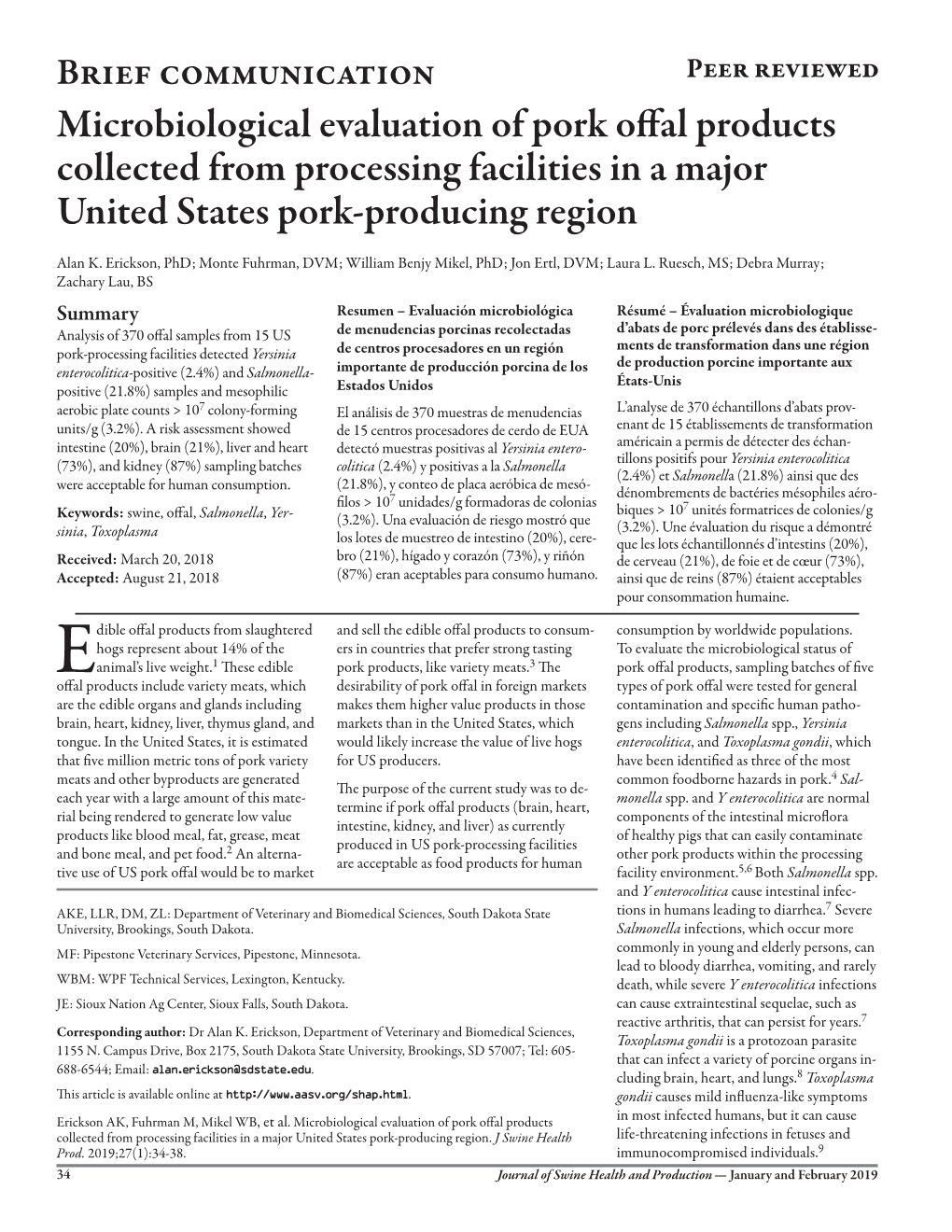 Microbiological Evaluation of Pork Offal Products Collected from Processing Facilities in a Major United States Pork-Producing Region