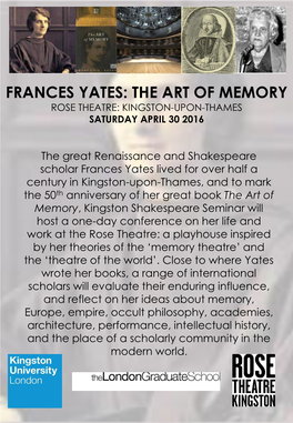 Frances Yates: the Art of Memory Rose Theatre: Kingston-Upon-Thames Saturday April 30 2016