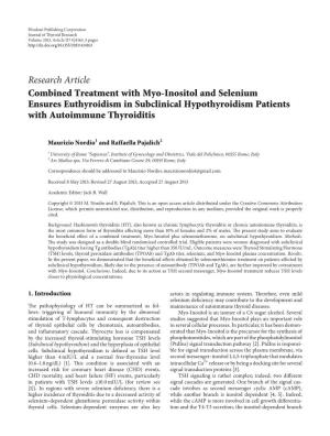 Research Article Combined Treatment with Myo-Inositol and Selenium Ensures Euthyroidism in Subclinical Hypothyroidism Patients with Autoimmune Thyroiditis