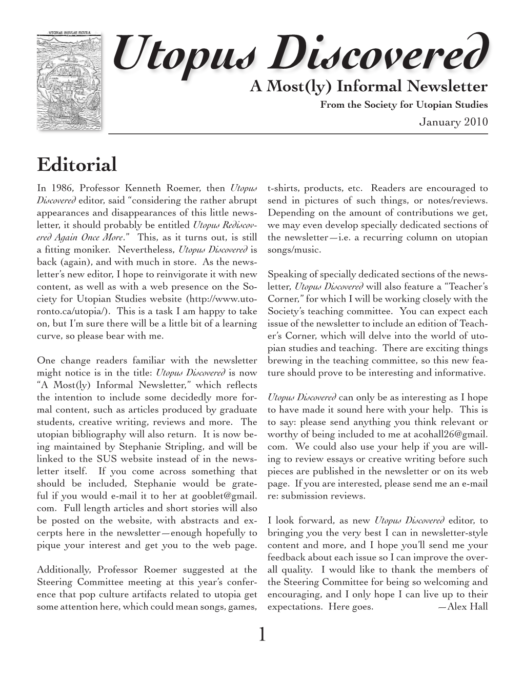 Utopus Discovered a Most(Ly) Informal Newsletter from the Society for Utopian Studies January 2010