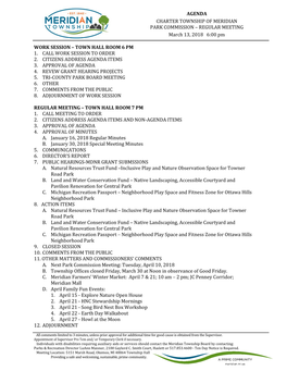 AGENDA CHARTER TOWNSHIP of MERIDIAN PARK COMMISSION – REGULAR MEETING March 13, 2018 6:00 Pm