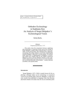 Orthodox Ecclesiology in Sophianic Key an Analysis of Sergei Bulgakov's Ecclesiological Vision