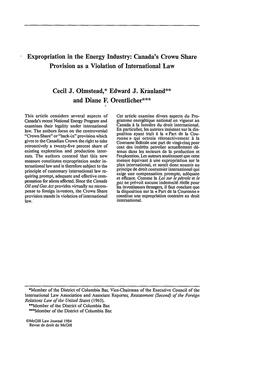 Expropriation in the Energy Industry: Canada's Crown Share Provision As a Violation of International Law Cecil J. Olmstead,*