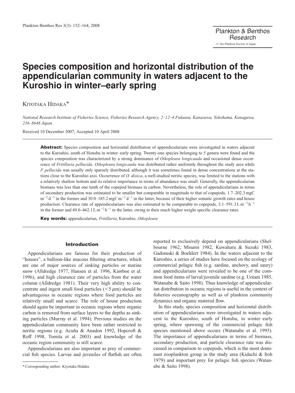 Species Composition and Horizontal Distribution of the Appendicularian Community in Waters Adjacent to the Kuroshio in Winter–Early Spring