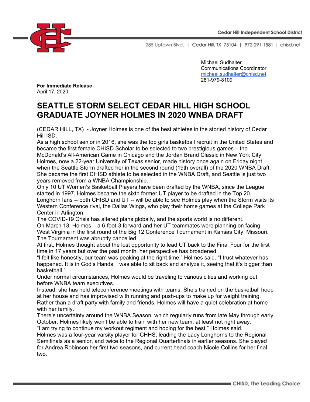 Seattle Storm Select Cedar Hill High School Graduate Joyner Holmes in 2020 Wnba Draft