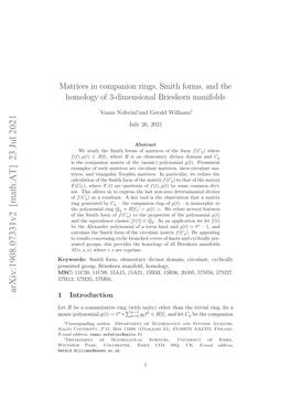 Matrices in Companion Rings, Smith Forms, and the Homology of 3