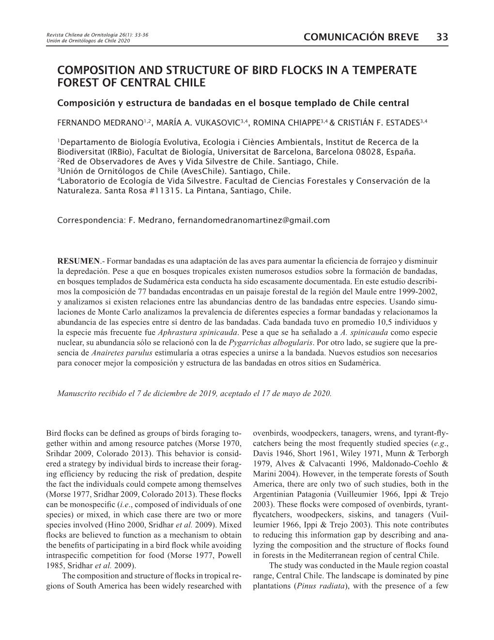 Composition and Structure of Bird Flocks in a Temperate Forest of Central Chile