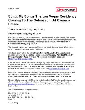 Sting: My Songs the Las Vegas Residency Coming to the Colosseum at Caesars Palace