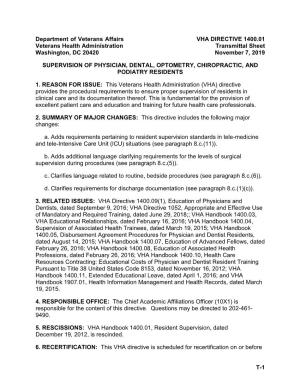 VHA Directive 1400.01, Supervision of Physician, Dental, Optometry