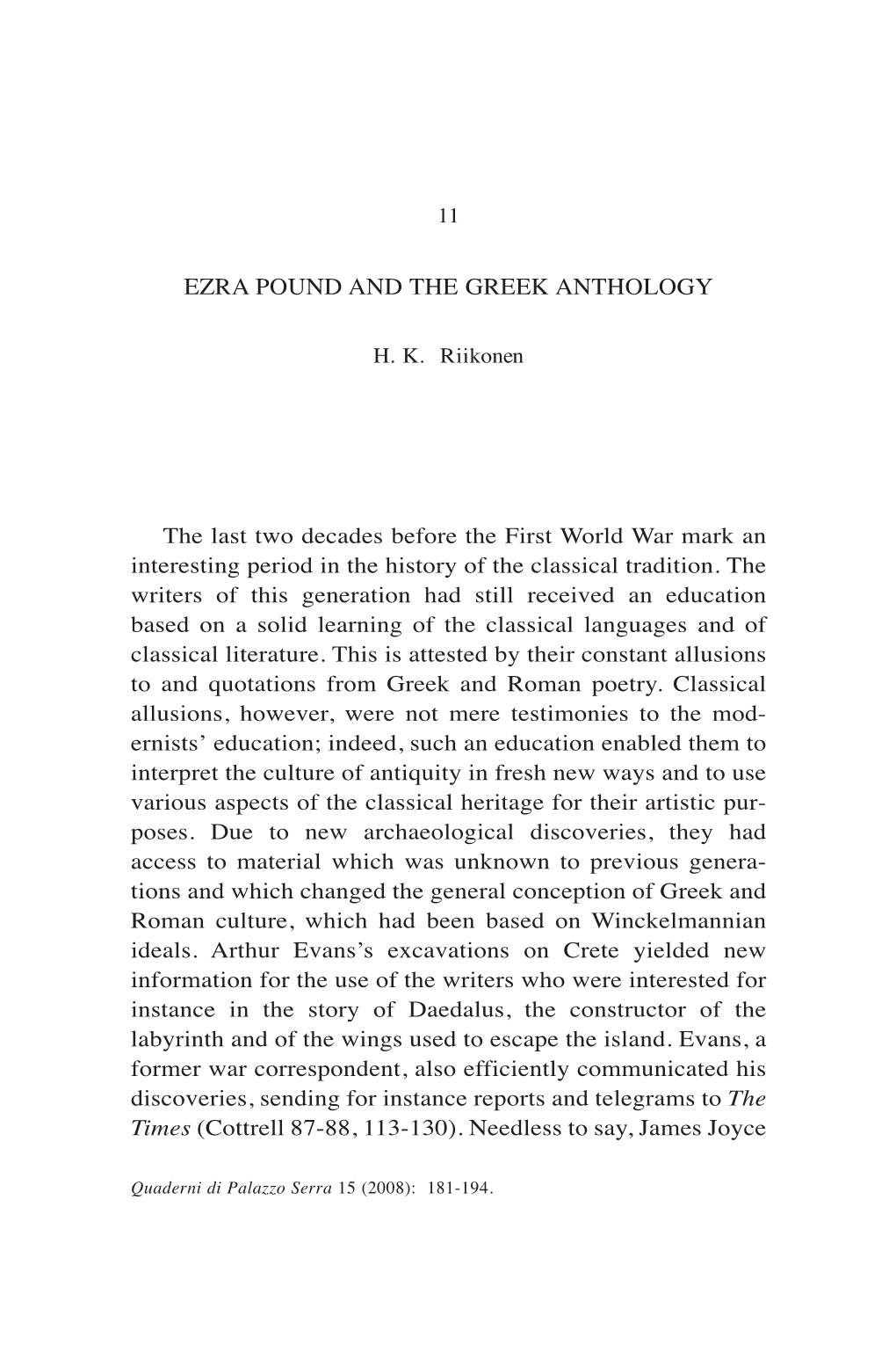 Ezra Pound and the Greek Anthology