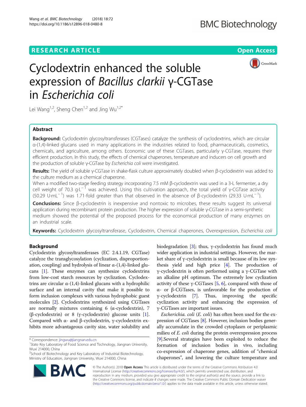 Cyclodextrin Enhanced the Soluble Expression of Bacillus Clarkii Γ-Cgtase in Escherichia Coli Lei Wang1,2, Sheng Chen1,2 and Jing Wu1,2*