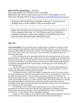 Phil. 270/570: Epistemology Fall 2021 Prof. Keith Derose Tu, Th 9:00-10:15Am