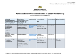 Kontaktdaten Der Gesundheitsämter in Baden-Württemberg Zur Weitergabe Und Veröffentlichung Geeignet