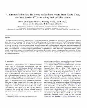 A High-Resolution Late Holocene Speleothem Record from Kaite Cave, Northern Spain: 8180 Variability and Possible Causes